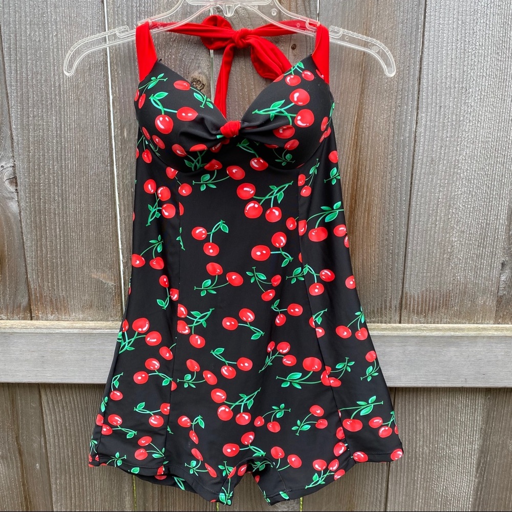 Retro Halter Cherry Print Swimsuit- Size XXL